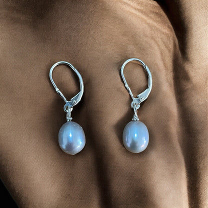 Cultured Pearl | 10mm Grey | Leverback Earrings - 925 Sterling Silver